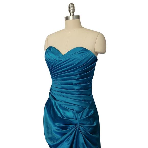 90s Y2K Prom Dress Maxi Gown Size L Teal Strapless Ruched Satin Formal Dance - Picture 8 of 11